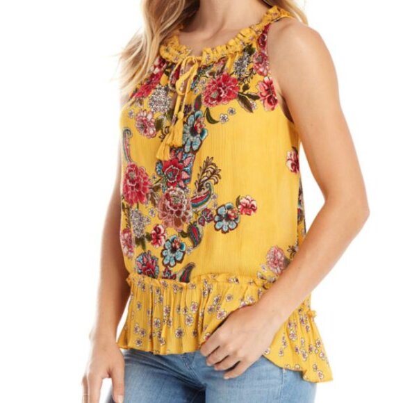Boho Floral Sleeveless Top Womens Small Yellow Peasant Ruffle Festive Chic Tank - Picture 2 of 11